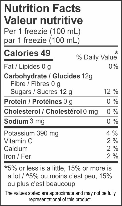 Apple Freezie Nutritional Label